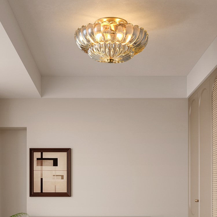 Lustre semi-encastré moderne et luxueux en forme de dôme rond avec pétales de fleurs en fer et verre à 3 lumières pour couloir 