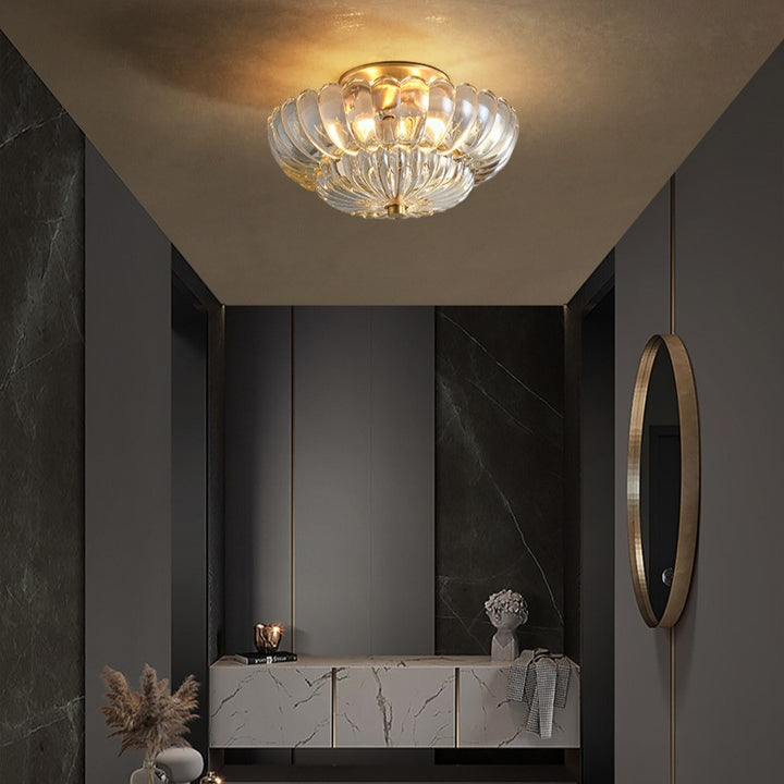 Lustre semi-encastré moderne et luxueux en forme de dôme rond avec pétales de fleurs en fer et verre à 3 lumières pour couloir 