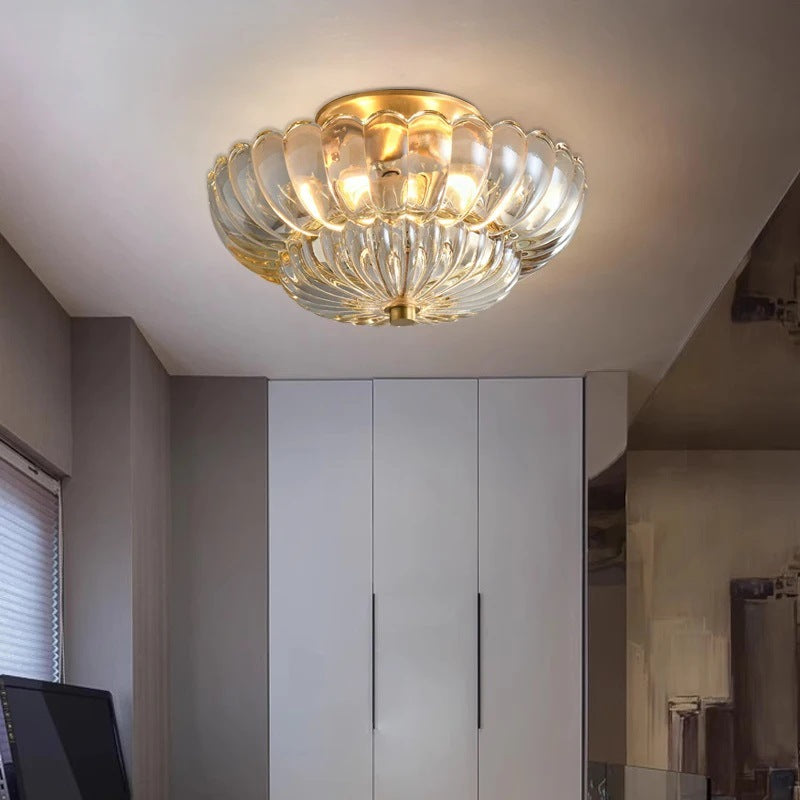 Lustre semi-encastré moderne et luxueux en forme de dôme rond avec pétales de fleurs en fer et verre à 3 lumières pour couloir 