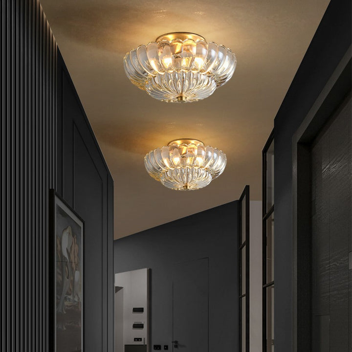 Lustre semi-encastré moderne et luxueux en forme de dôme rond avec pétales de fleurs en fer et verre à 3 lumières pour couloir 