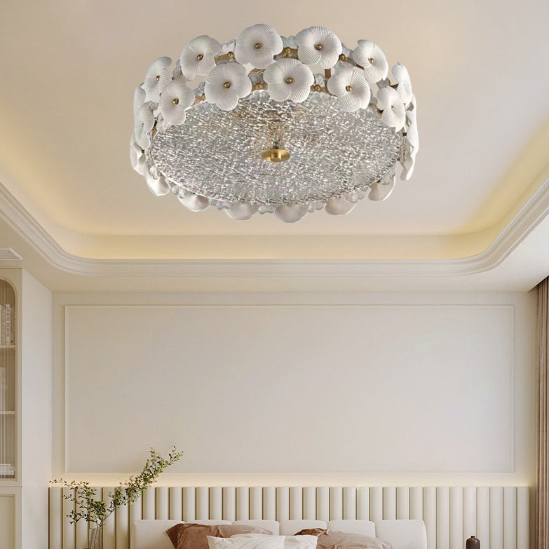 Plafonnier Moderne Art Déco Rond Pétale de Fleur en Laiton Céramique Verre 3/4 Lumières pour Salon 
