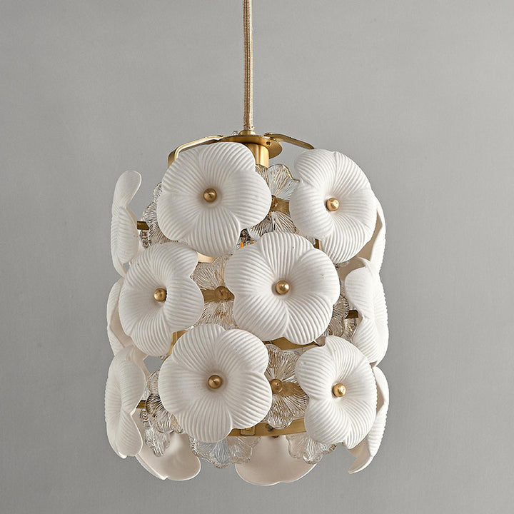 Modern Art Deco Cylinder Flower Full Brass Frame Ceramic Shade 1-Light Pendant Light For Bedroom