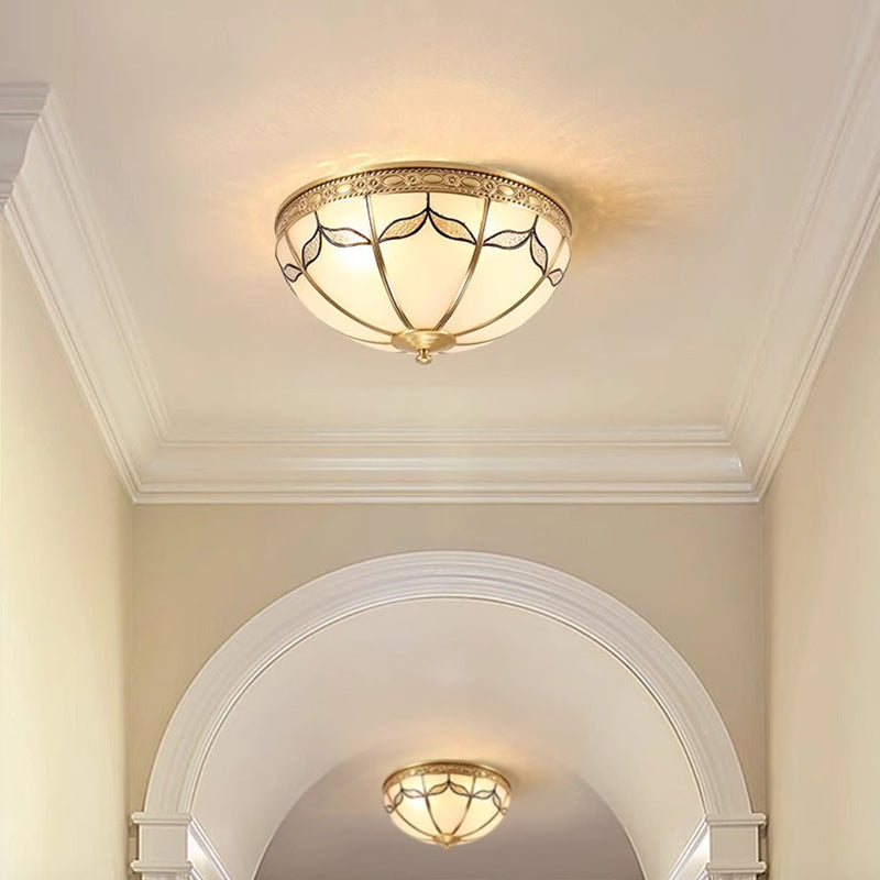 Lámpara de Techo Empotrada de Montura Redonda Vintage Tradicional con Pantalla de Vidrio y Marco de Cobre Completo de 3/4 Luces para Sala de Estar 
