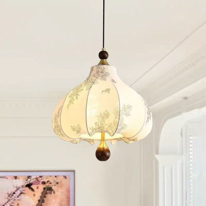 Lustre suspendu à motif floral trapézoïdal rond traditionnel en bois, tissu et métal avec 3/5 lumières pour salon 