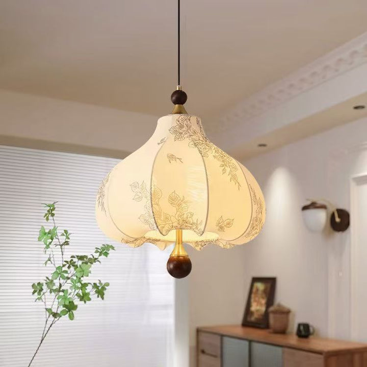 Lustre suspendu à motif floral trapézoïdal rond traditionnel en bois, tissu et métal avec 3/5 lumières pour salon 