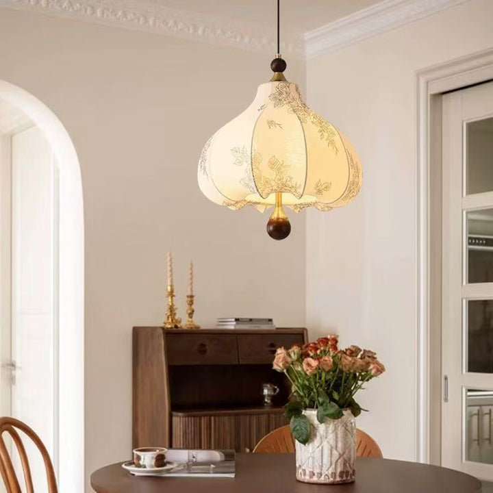 Lustre suspendu à motif floral trapézoïdal rond traditionnel en bois, tissu et métal avec 3/5 lumières pour salon 