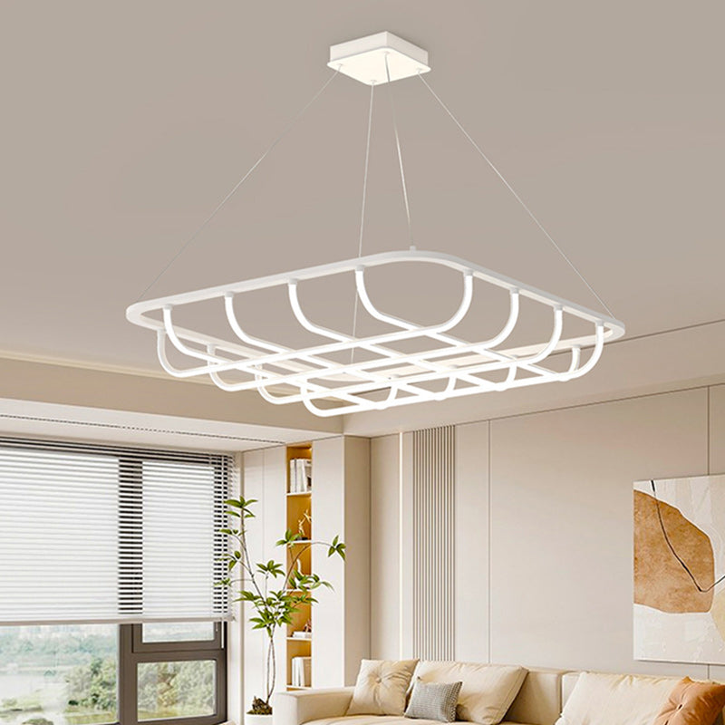 Modern Minimalist Long Line Square Basket Shape Iron Aluminum Silicone LED Chandelier For Living Room