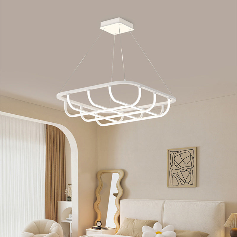 Modern Minimalist Long Line Square Basket Shape Iron Aluminum Silicone LED Chandelier For Living Room