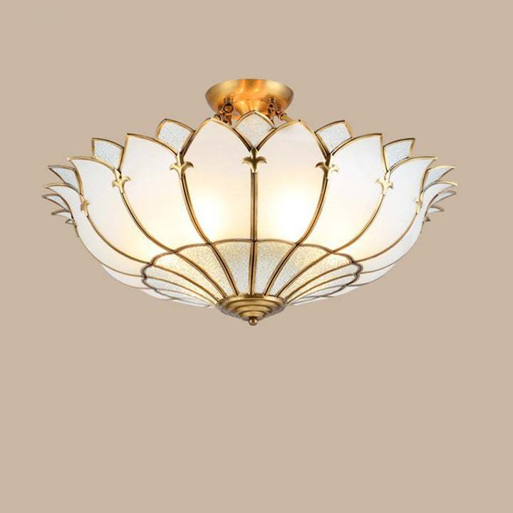 Traditional French Dome Petal Flower Copper Frame Glass Shade 4/6/8 Light Semi-Flush Mount Ceiling Light For Living Room