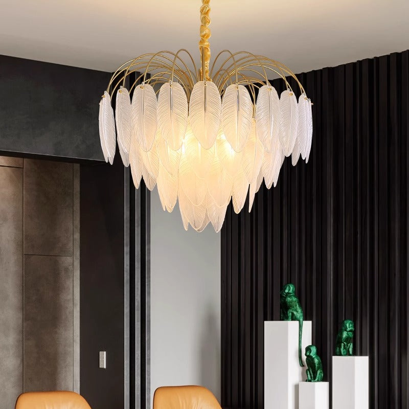 Contemporary Nordic Round Leaf Iron Frame Glass Shade 4/12/18 Light Chandelier For Living Room