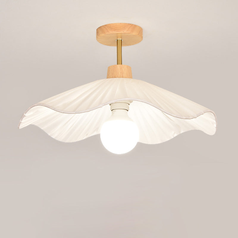 Modern Minimalist Round Flower Wooden Fabric Shade 1-Light Semi-Flush Mount Ceiling Light For Living Room