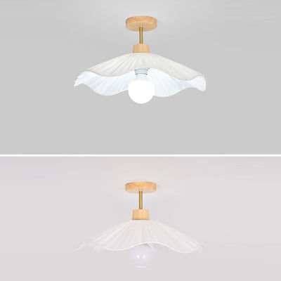 Modern Minimalist Round Flower Wooden Fabric Shade 1-Light Semi-Flush Mount Ceiling Light For Living Room
