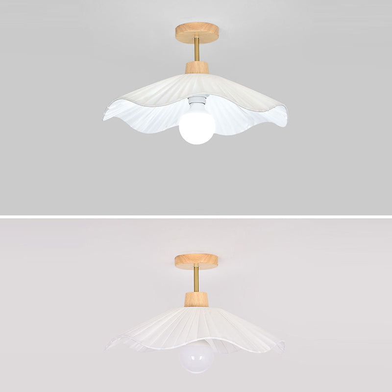 Modern Minimalist Round Flower Wooden Fabric Shade 1-Light Semi-Flush Mount Ceiling Light For Living Room