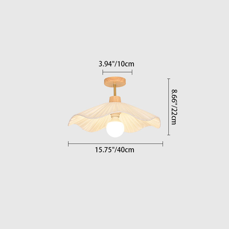 Modern Minimalist Round Flower Wooden Fabric Shade 1-Light Semi-Flush Mount Ceiling Light For Living Room