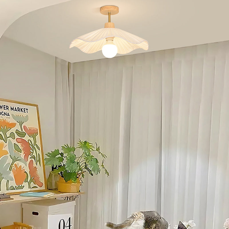 Moderne minimalistische runde Blumen-Deckenleuchte aus Holzstoff mit 1 Licht, halbbündige Montage, für Wohnzimmer 