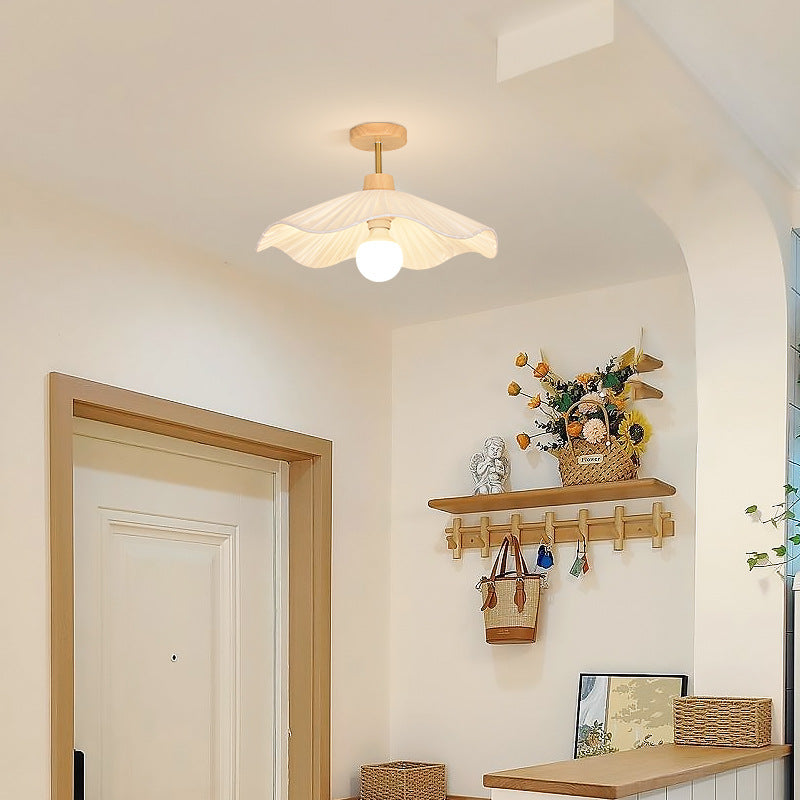 Modern Minimalist Round Flower Wooden Fabric Shade 1-Light Semi-Flush Mount Ceiling Light For Living Room