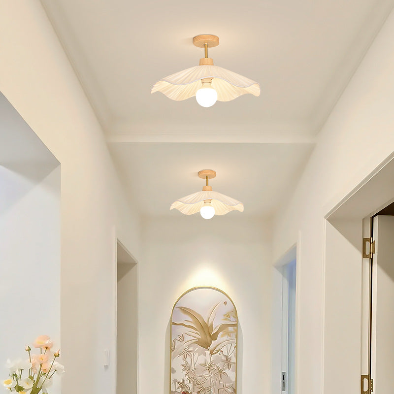 Modern Minimalist Round Flower Wooden Fabric Shade 1-Light Semi-Flush Mount Ceiling Light For Living Room