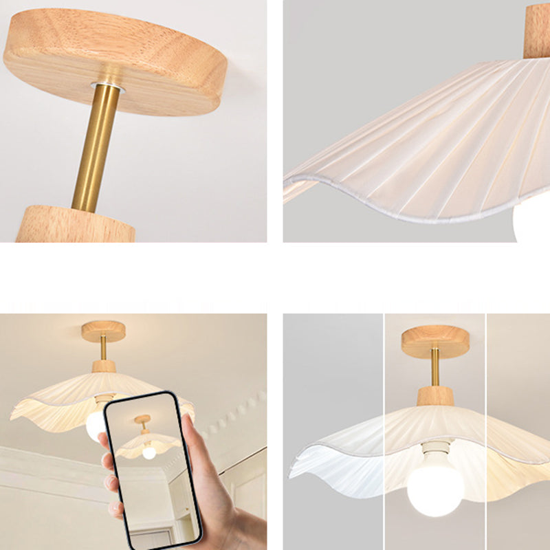 Modern Minimalist Round Flower Wooden Fabric Shade 1-Light Semi-Flush Mount Ceiling Light For Living Room