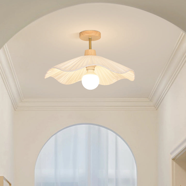 Plafonnier semi-encastré à 1 lumière avec abat-jour en tissu en bois rond minimaliste moderne pour salon 