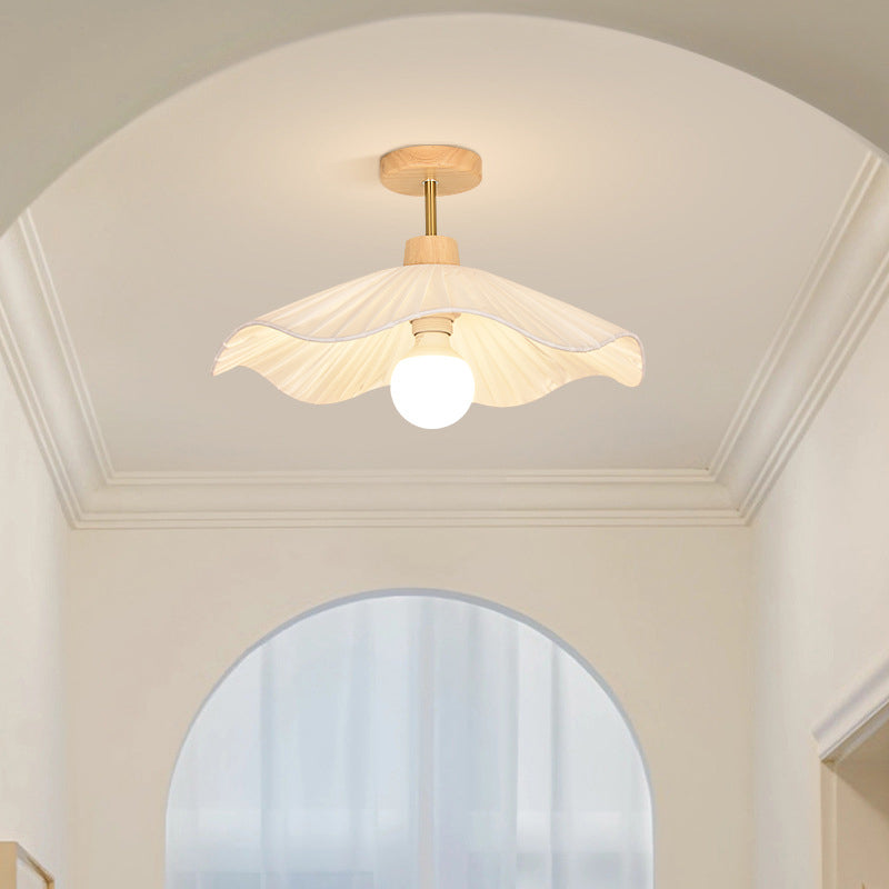 Modern Minimalist Round Flower Wooden Fabric Shade 1-Light Semi-Flush Mount Ceiling Light For Living Room