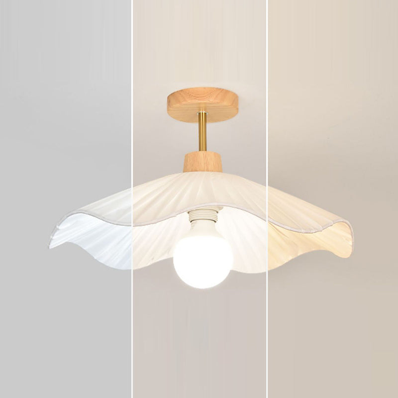 Modern Minimalist Round Flower Wooden Fabric Shade 1-Light Semi-Flush Mount Ceiling Light For Living Room