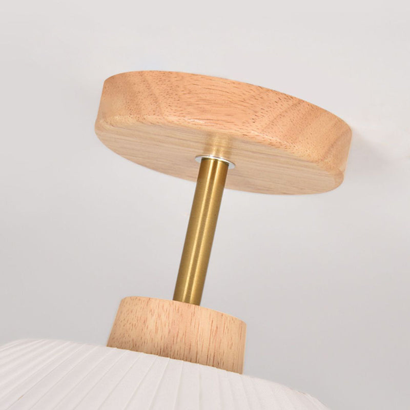 Modern Minimalist Round Flower Wooden Fabric Shade 1-Light Semi-Flush Mount Ceiling Light For Living Room