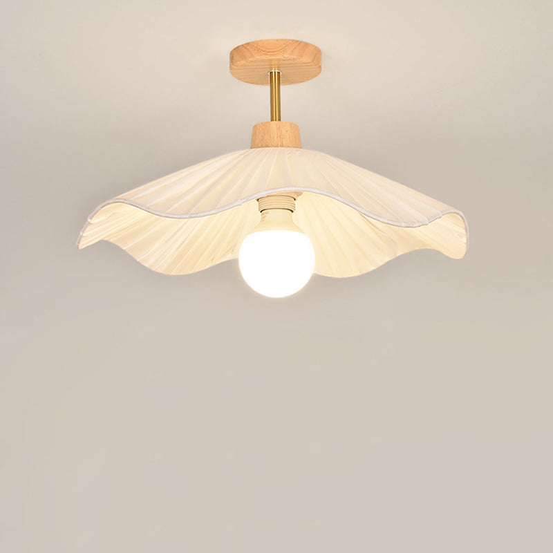 Modern Minimalist Round Flower Wooden Fabric Shade 1-Light Semi-Flush Mount Ceiling Light For Living Room