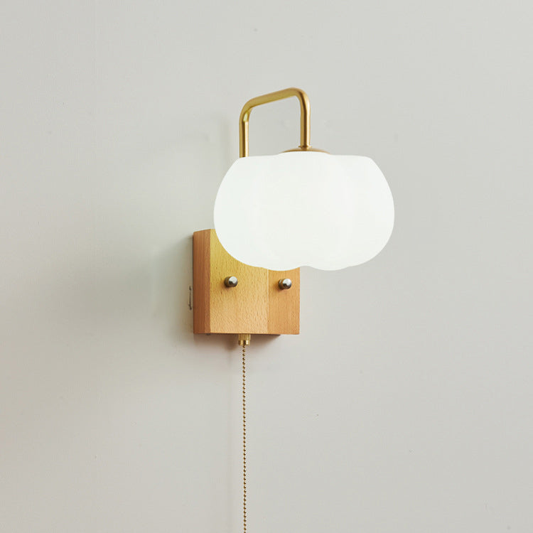 Applique murale 1 lumière en forme de citrouille carrée minimaliste moderne avec base en bois et abat-jour en plastique et fer pour salon 