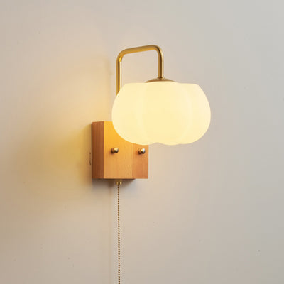 Applique murale 1 lumière en forme de citrouille carrée minimaliste moderne avec base en bois et abat-jour en plastique et fer pour salon 