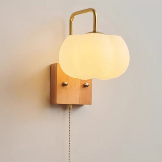 Applique murale 1 lumière en forme de citrouille carrée minimaliste moderne avec base en bois et abat-jour en plastique et fer pour salon 