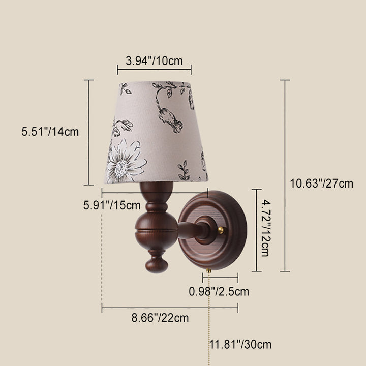 Applique murale 1 lumière avec abat-jour en tissu, cadre en bois et fer, forme trapézoïdale ronde traditionnelle française pour salon 