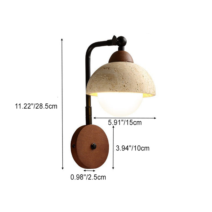 Traditional Vintage Dome Round Natural Yellow Travertine Shade Iron Solid Wood Frame 1-Light Wall Sconce Lamp For Bedroom