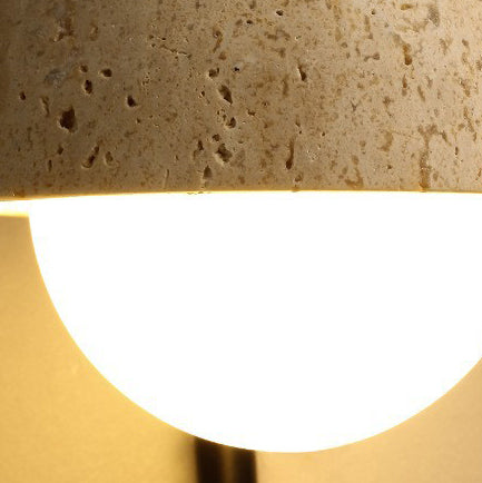 Traditional Vintage Dome Round Natural Yellow Travertine Shade Iron Solid Wood Frame 1-Light Wall Sconce Lamp For Bedroom
