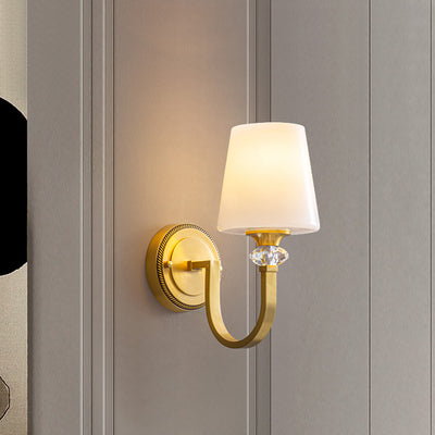 Modern Luxury Curved Pole Round Trapezoidal Candle Holder Full Copper Crystal Glass Shade 1-Light Wall Sconce Lamp For Living Room