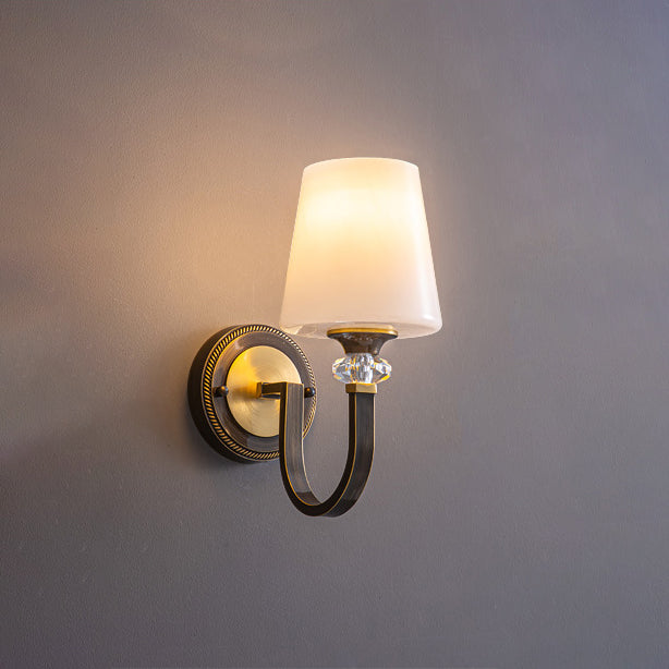 Modern Luxury Curved Pole Round Trapezoidal Candle Holder Full Copper Crystal Glass Shade 1-Light Wall Sconce Lamp For Living Room