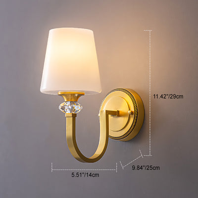 Modern Luxury Curved Pole Round Trapezoidal Candle Holder Full Copper Crystal Glass Shade 1-Light Wall Sconce Lamp For Living Room