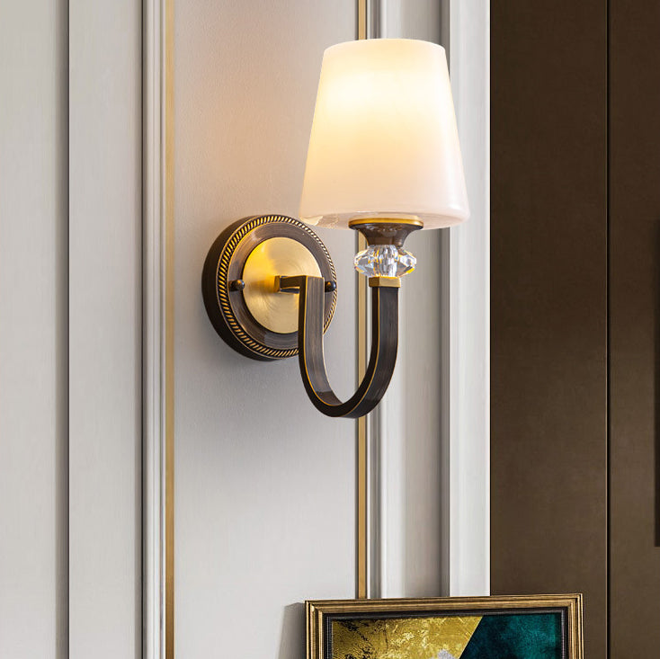 Modern Luxury Curved Pole Round Trapezoidal Candle Holder Full Copper Crystal Glass Shade 1-Light Wall Sconce Lamp For Living Room