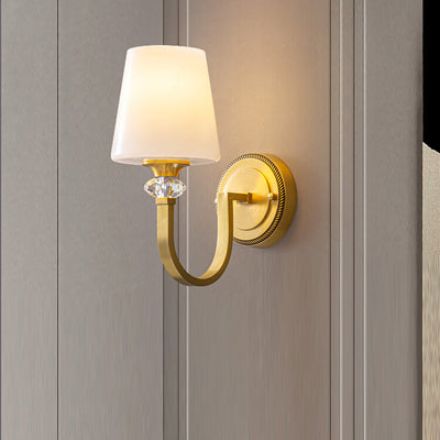 Modern Luxury Curved Pole Round Trapezoidal Candle Holder Full Copper Crystal Glass Shade 1-Light Wall Sconce Lamp For Living Room
