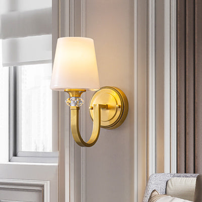 Modern Luxury Curved Pole Round Trapezoidal Candle Holder Full Copper Crystal Glass Shade 1-Light Wall Sconce Lamp For Living Room
