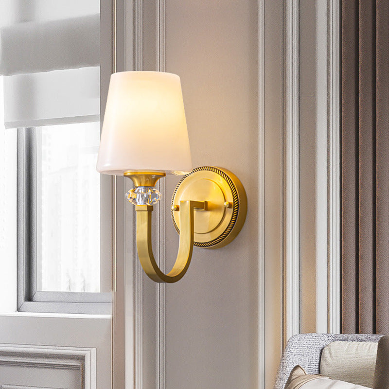 Modern Luxury Curved Pole Round Trapezoidal Candle Holder Full Copper Crystal Glass Shade 1-Light Wall Sconce Lamp For Living Room