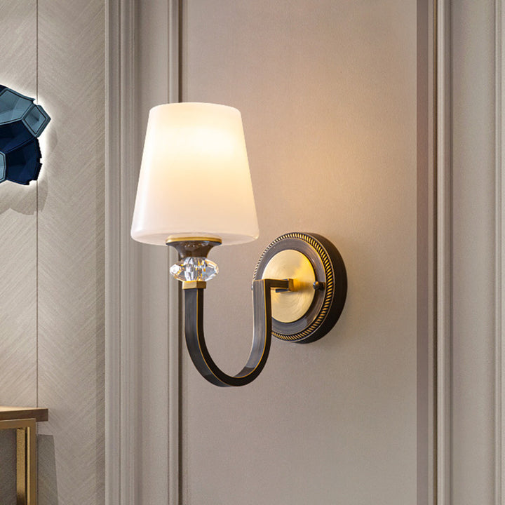 Modern Luxury Curved Pole Round Trapezoidal Candle Holder Full Copper Crystal Glass Shade 1-Light Wall Sconce Lamp For Living Room
