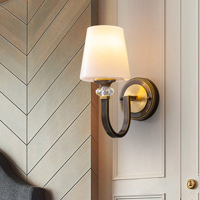 Modern Luxury Curved Pole Round Trapezoidal Candle Holder Full Copper Crystal Glass Shade 1-Light Wall Sconce Lamp For Living Room