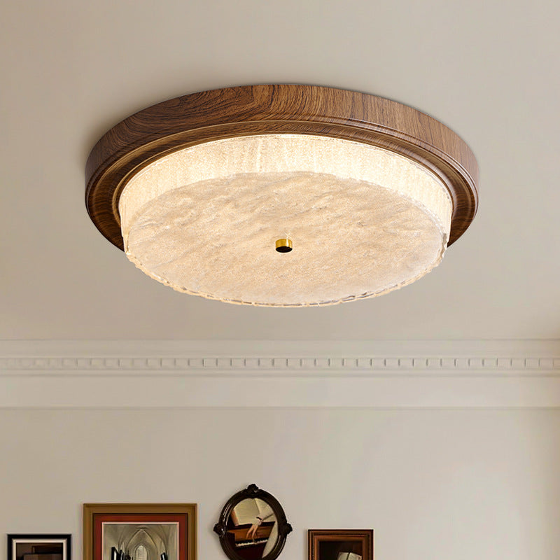 Moderna Minimalista Redonda Agua Ondulada Grano de Madera Marco de Hierro Pantalla de Vidrio LED Luz de Techo Empotrada para Sala de Estar 