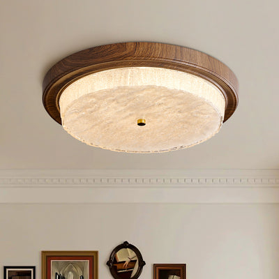 Plafonnier LED moderne minimaliste rond à ondulation d'eau avec cadre en fer à grain de bois et abat-jour en verre pour salon 