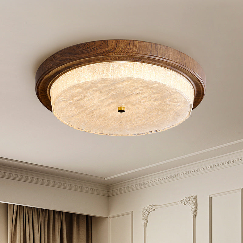 Moderna Minimalista Redonda Agua Ondulada Grano de Madera Marco de Hierro Pantalla de Vidrio LED Luz de Techo Empotrada para Sala de Estar 