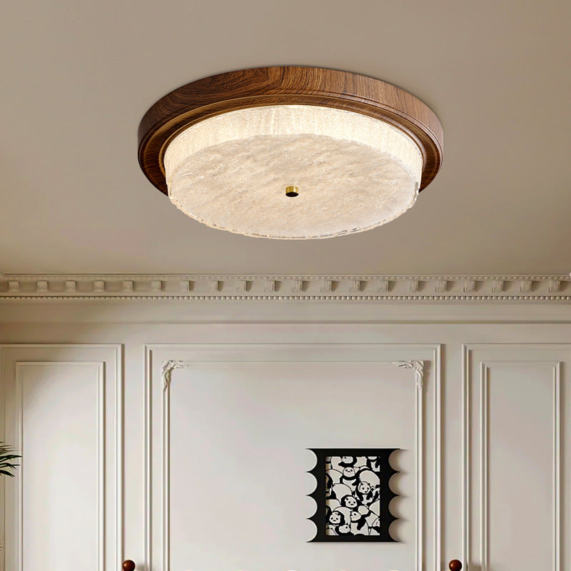 Moderna Minimalista Redonda Agua Ondulada Grano de Madera Marco de Hierro Pantalla de Vidrio LED Luz de Techo Empotrada para Sala de Estar 