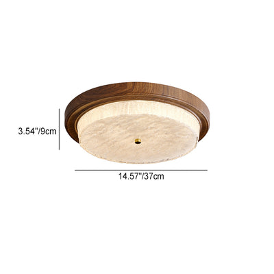 Plafonnier LED moderne minimaliste rond à ondulation d'eau avec cadre en fer à grain de bois et abat-jour en verre pour salon 