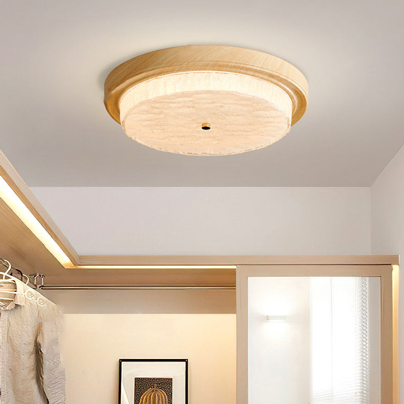 Moderna Minimalista Redonda Agua Ondulada Grano de Madera Marco de Hierro Pantalla de Vidrio LED Luz de Techo Empotrada para Sala de Estar 