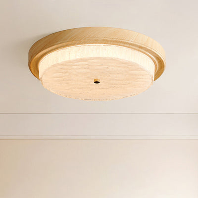 Plafonnier LED moderne minimaliste rond à ondulation d'eau avec cadre en fer à grain de bois et abat-jour en verre pour salon 