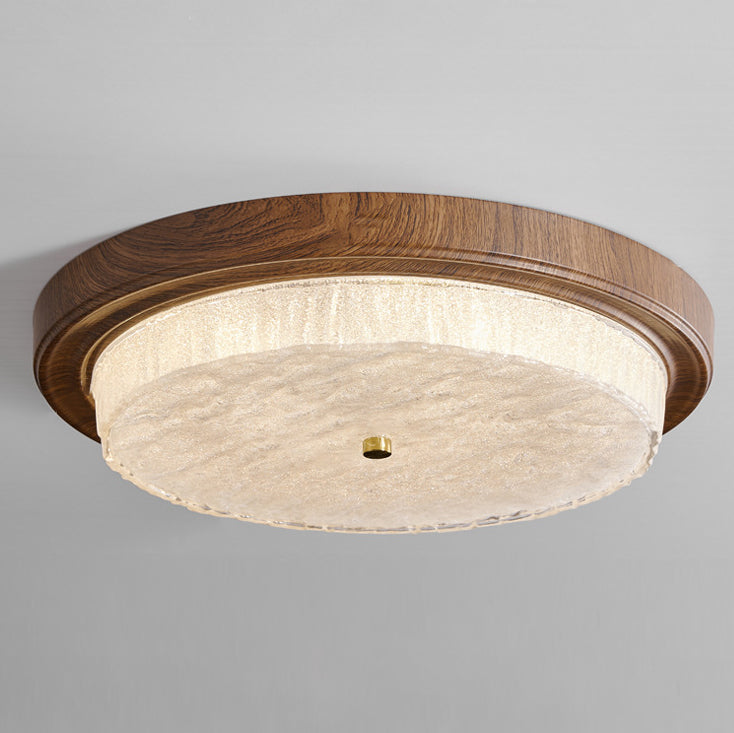 Moderna Minimalista Redonda Agua Ondulada Grano de Madera Marco de Hierro Pantalla de Vidrio LED Luz de Techo Empotrada para Sala de Estar 
